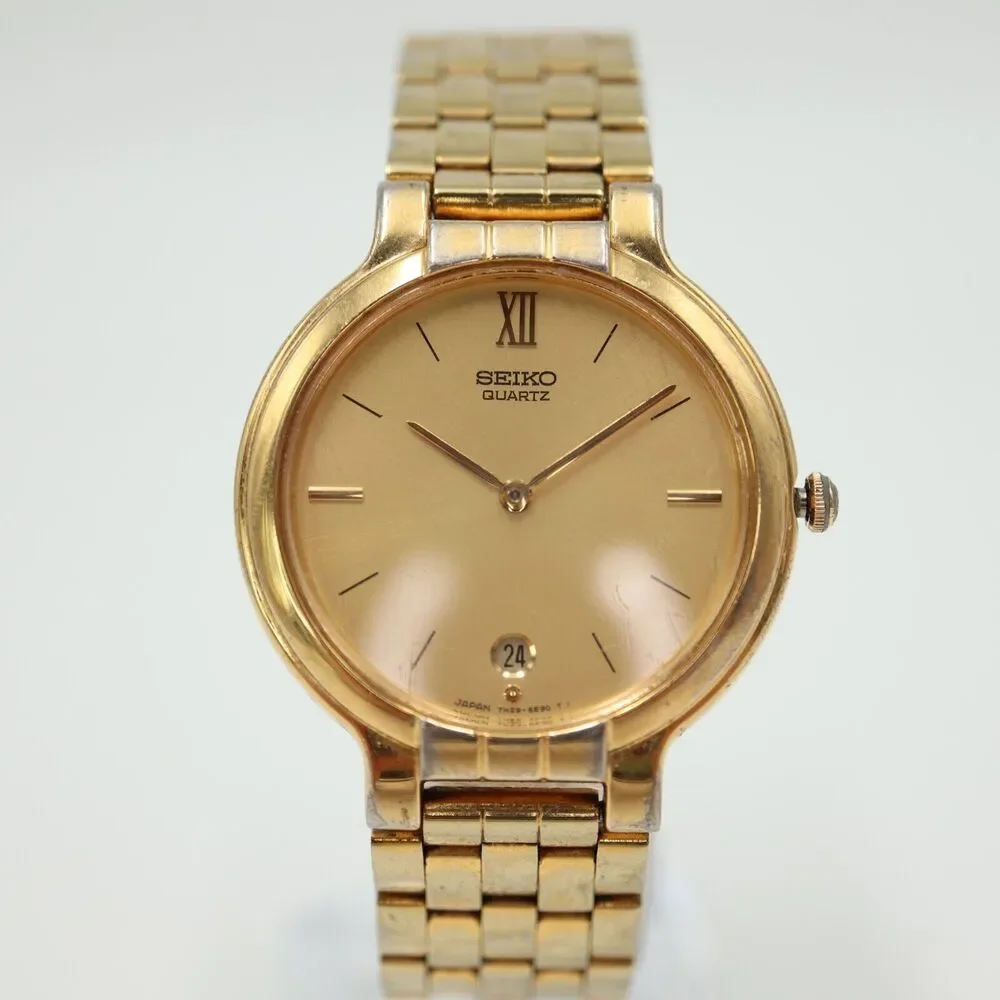 Vintage Seiko Gold Tone Watch Unisex 32mm Date Dial 7N29-6090 w New Battery